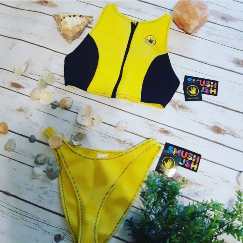 Body Glove Yellow and Black Neoprene Zip Front Bikini Set